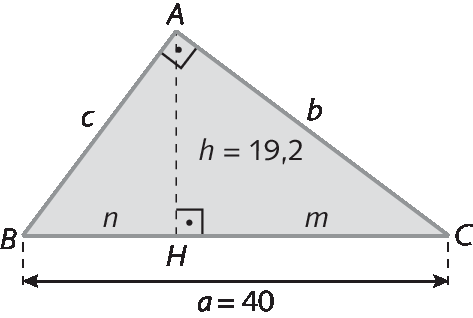 Figura geométrica. Triângulo retângulo ABC. A medida de comprimento da hipotenusa a, é 40. As medidas de comprimento dos catetos são b e c. A altura, h, traçada em relação à hipotenusa tem medida de comprimento 19 vírgula 2 e forma dois triângulos retângulos ABH de hipotenusa c e catetos h e n; e o triângulo retângulo ACH de hipotenusa b e catetos h e m.