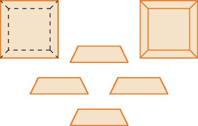 Esquema. Representação das vistas ortogonais do tronco de pirâmide da atividade 6, item b. Quadrado alaranjada com outro quadrado centralizado feito com linhas pontilhadas. Os vértices do quadrado de dentro estão ligados aos de fora com linhas pontilhadas. Ao lado a mesma figura, porém as linhas pontilhadas representadas antes são contínuas. Entre eles, quatro trapézios alaranjados.