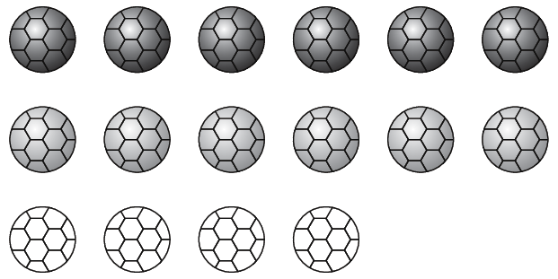 Ilustração. 6 bolas na cor cinza escuro, 6 bolas na cor cinza claro e 4 bolas na cor branca.