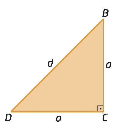 Figura geométrica. Triângulo retângulo ABC, cujos catetos tem como medida de comprimento a e a hipotenusa tem como medida de comprimento d.