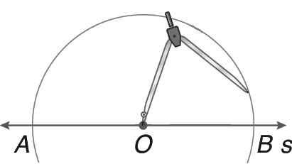 Esquema. Reta s e ponto O sobre s. Está representado um compasso traçando um arco com centro em O e que intercepta s nos pontos A e B.