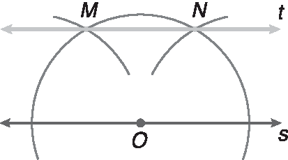Esquema. Mesma figura anterior, porém sem o compasso. Agora, foi representada a reta t que passa pelos pontos M e N e é paralela à reta s.