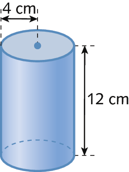 Figura geométrica. Cilindro azul, com altura medindo 12 centímetros e comprimento do raio da base medindo 4 centímetros.
