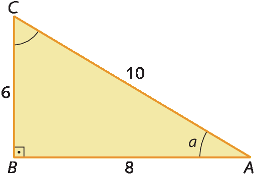 Figura geométrica. Triângulo retângulo ABC, de catetos BC com medida de comprimento 6 e BA com medida de comprimento 8 e hipotenusa CA com medida de comprimento 10.