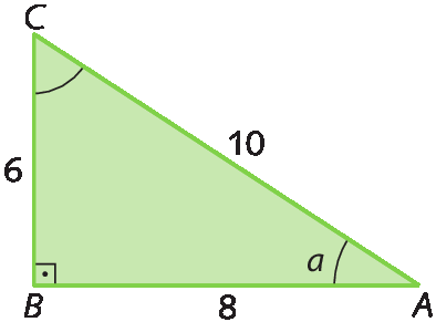 Figura geométrica. Triângulo retângulo ABC, de catetos BC com medida de comprimento 6, BA com medida de comprimento 8 e hipotenusa CA com medida de comprimento 10.