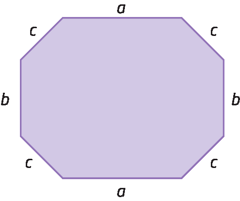 Figura geométrica. Octógono com medidas: a, c, b, c, a, c, b, c.