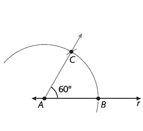 Figura geométrica. Figura anterior com marcação de arco no ponto C do arco inicial. Semirreta AC que forma ângulo de 60 graus com semirreta AB.