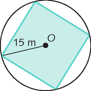 Figura geométrica. Circunferência de centro O. Dentro, quadrado inscrito à circunferência. A distância de O a um vértice do quadrado corresponde ao raio da circunferência, que mede 15 metros.