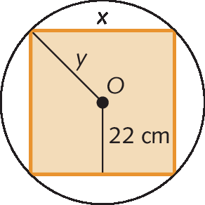 Figura geométrica. Circunferência de centro O. Dentro, quadrado inscrito à circunferência. O lado do quadrado mede X. O apótema do quadrado mede 22 centímetros. A distância de O a um vértice do quadrado corresponde ao raio da circunferência, que mede Y.