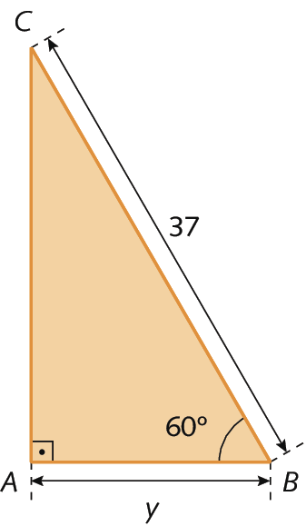 Figura geométrica. Triângulo retângulo  alaranjado ABC com ângulo reto em A e ângulo B com medida de abertura de 60 graus. A medida de comprimento do cateto AB é y, e a medida de comprimento da hipotenusa BC é 37.