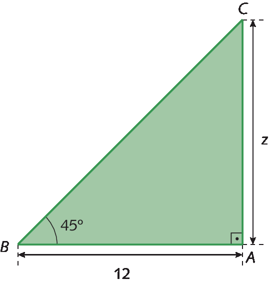 Figura geométrica. Triângulo retângulo ABC verde, com ângulo reto em A e ângulo B com medida de abertura de 45 graus. As medidas de comprimento dos catetos são: AB, 12, e AC, z.