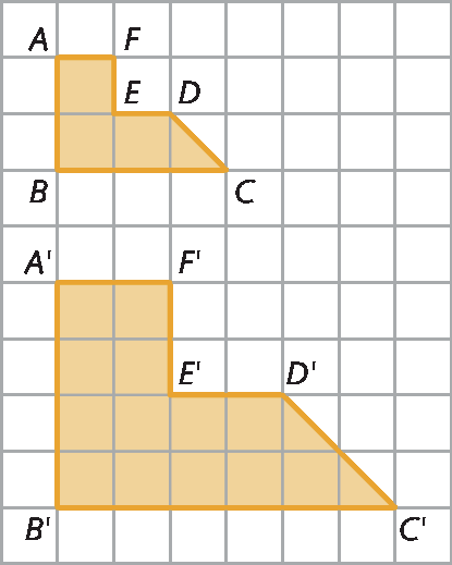 Figura geométrica. Malha quadriculada com duas figuras, uma embaixo da outra.  De cima para baixo um polígono ABCDEF  e abaixo um polígono A'B'C'D'E'F' com dobro de tamanho.