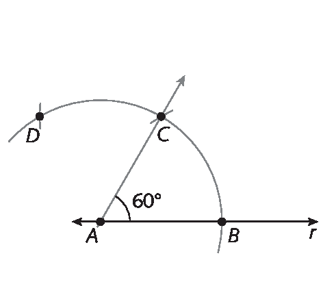 Figura geométrica. Figura anterior com marcação de arco no ponto D do arco inicial, de modo que o arco CD tenha a mesma medida do arco BC.
