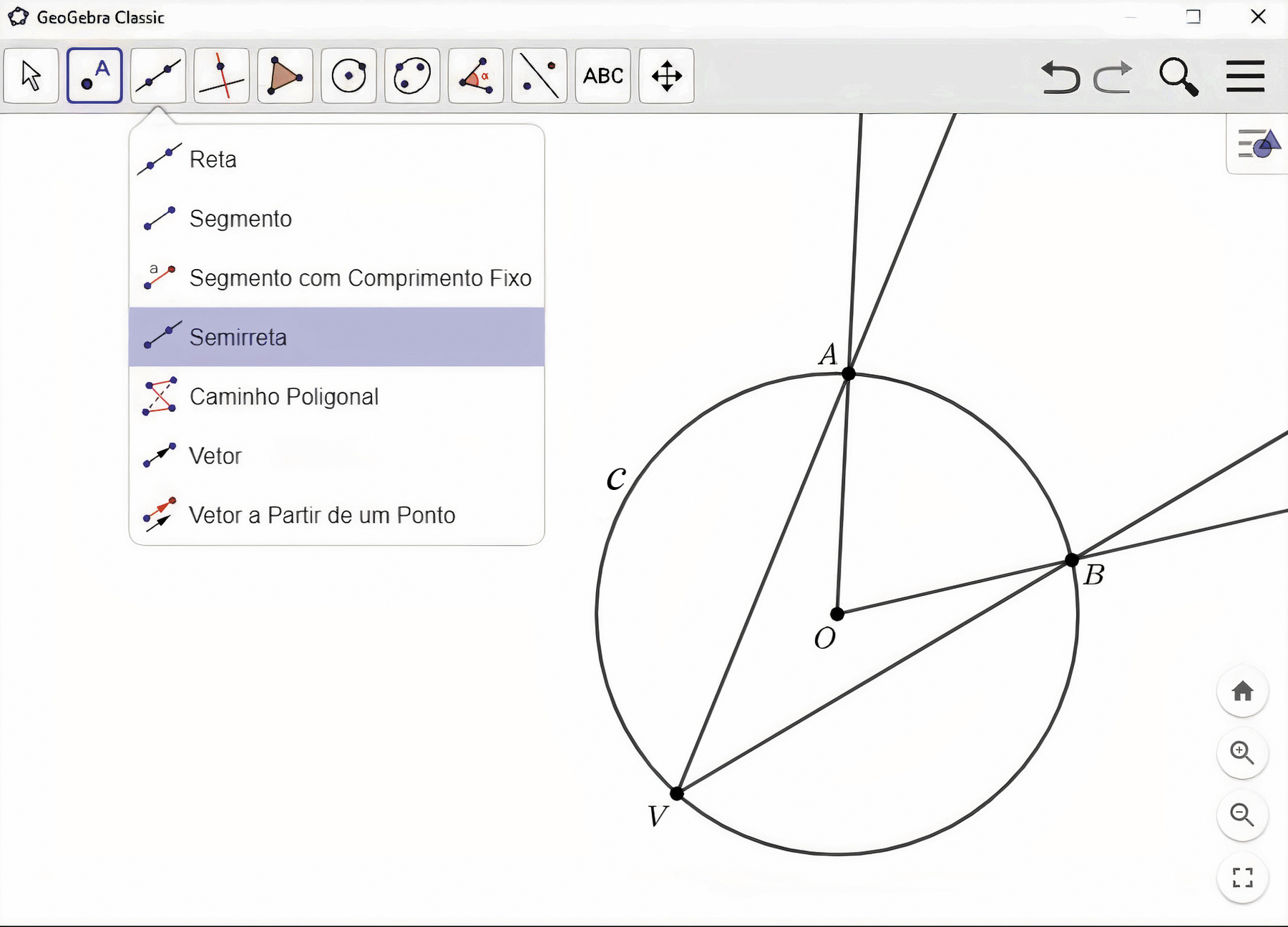 Captura de tela. Software de geometria. Na parte superior, botões de comandos.  Destaque para botão com uma semirreta e dois pontos sobre ela. Aba selecionada em Semirreta. Na tela, circunferência com ponto O no centro. De O, tem origem uma reta que cruza a circunferência no ponto A e outra reta que cruza a circunferência no ponto B. Ponto V sobre a circunferência e do lado oposto do arco AB. De V saem duas retas cruzando a circunferência nos pontos A e B.