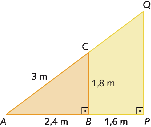 Figura geométrica. Triângulo APQ. Segmento CB paralelo ao lado PQ, com C e B pertencendo aos lados AQ e AP respectivamente. A medida do segmento AC é 3 metros, a medida do segmento PB é 1,6 metro, a medida do segmento BA é 2,4 metros, a medida do segmento BC é 1,8 metro.