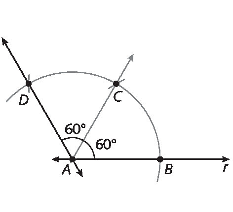 Figura geométrica. Figura anterior com semirreta AD que forma ângulo de 60 graus com semirreta AC.