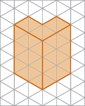 Figura geométrica. Malha triangular com a representação de um sólido alaranjado: prisma, cuja a base é um polígono não convexo semelhante a letra L.