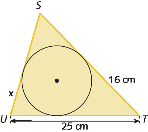 Ilustração. Triângulo SUT com circunferência dentro, interceptando o triângulo em quatro pontos. A medida do segmento de U até o ponto que intercepta a circunferência é x, a medida de UT é 25 centímetros e a medida de T até o ponto que intercepta a circunferência é 16 centímetros.