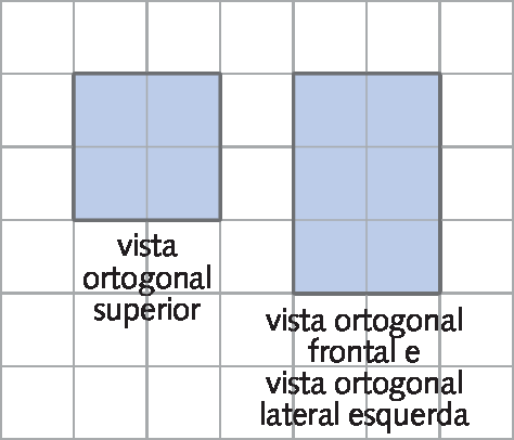 Esquema. Malha quadriculada um quadrado 2 por 2 e legenda 'vista ortogonal superior' e ao lado direito um retângulo 2 (horizontal) por 3 (vertical) com a legenda 'vista ortogonal frontal e
vista ortogonal lateral esquerda'.