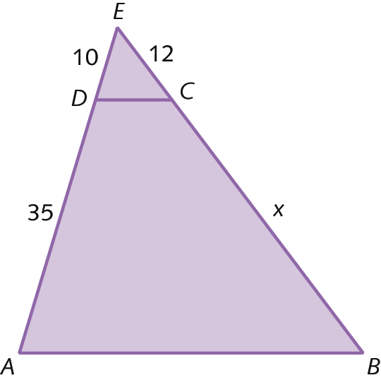 Figura geométrica. Triângulo ABE. Segmento de reta CD paralelo ao lado AB, com C pertencente ao lado BE e D pertencente ao lado AE. A medida do comprimento de segmento de reta AD é 35. A medida do comprimento de segmento de reta DE é 10. A medida do comprimento de segmento de reta BC é x. A medida do comprimento de segmento de reta CE é 12.