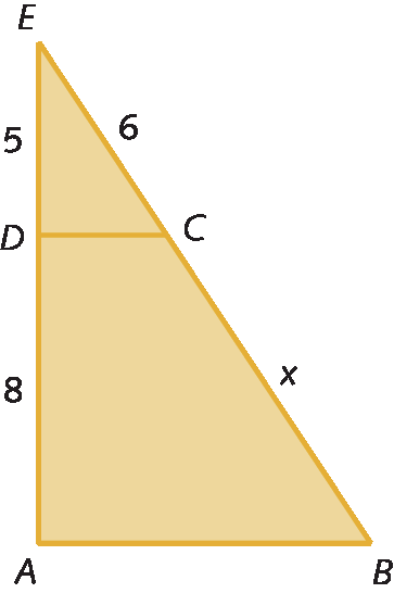 Figura geométrica. Triângulo ABE. Segmento de reta CD paralelo ao lado AB, com C pertencente ao lado BE e D pertencente ao lado AE. A medida do comprimento de segmento de reta AD é 8. A medida do comprimento de segmento de reta DE é 5. A medida do comprimento de segmento de reta BC é x. A medida do comprimento de segmento de reta CE é 6.