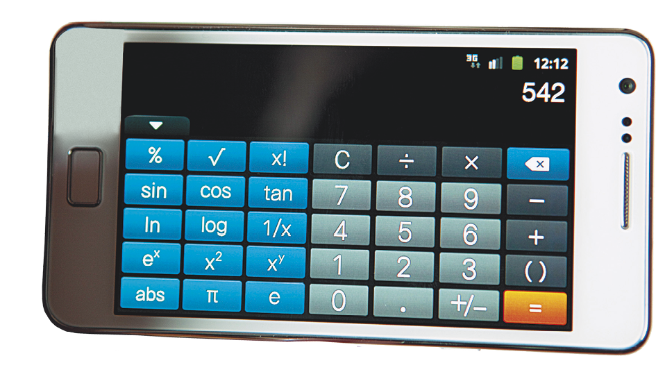 Fotografia. Calculadora científica em um smartphone, na horizontal. Acima, visor e abaixo, teclado numérico e teclado com funções.