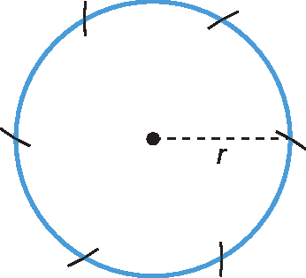 Ilustração. Figura anterior com 6 marcações de arcos feitas com a mesma abertura do compasso.