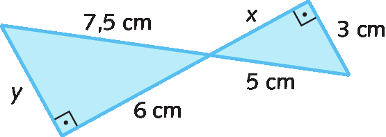 Figura geométrica. Dois triângulos retângulos com um vértice em comum. O triângulo da esquerda tem um dos catetos medindo 6 centímetros de comprimento e hipotenusa medindo 7 vírgula 5 centímetros de comprimento. A medida do comprimento do outro cateto está indicada pela letra y. O triângulo da direita tem um dos catetos medindo 3 centímetros de comprimento e hipotenusa medindo 5  centímetros de comprimento. A medida do comprimento do outro cateto está indicada pela letra x.