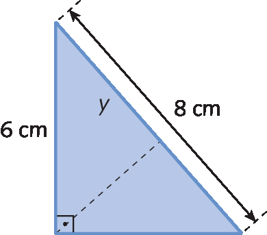 Figura geométrica. Triângulo retângulo azul. 
A medida da hipotenusa é igual a 8 centímetros e a medida de um dos catetos é 6 centímetros.
Linha tracejada indicando a altura relativa à hipotenusa dividindo o triângulo em outros dois. O que tem o lado de 6 centímetros em comum tem um cateto medindo y de comprimento.