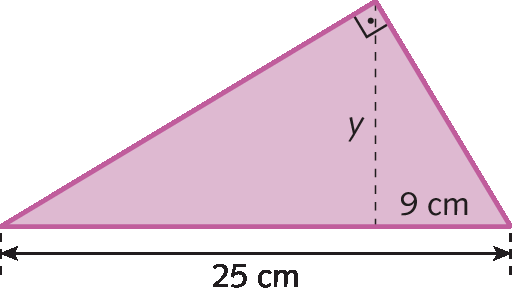 Figura geométrica. Triângulo retângulo lilás. 
A medida da hipotenusa é igual a 25 centímetros.
A altura relativa à hipotenusa, indicada por uma linha tracejada, com medida de comprimento y. A altura divide o triângulo maior em outros dois triângulos retângulos, sendo o menor deles com catetos cujas medidas de comprimento são 9 centímetros e y.