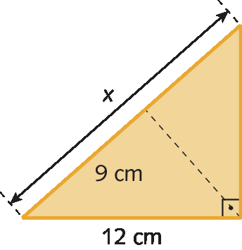 Figura geométrica. Triângulo retângulo alaranjado. 
A medida da hipotenusa é igual a x e a medida de um dos catetos é 12 centímetros.
A altura relativa à hipotenusa é indicada por uma Linha tracejada que divide o triângulo maior em outros dois menores. Um deles tem hipotenusa com medida 12 centímetros e um dos catetos 9 centímetros.