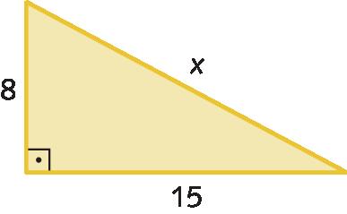 Figura geométrica. Triângulo retângulo alaranjado. 
A medida da hipotenusa é igual a x e a medida dos catetos são 15 e 8.