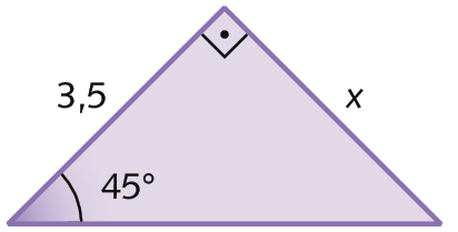 Figura geométrica. Triângulo retângulo roxo com o ângulo de 45 graus e o ângulo reto indicados. 
A medida do cateto oposto ao ângulo de 45 graus é igual a x e a medida cateto adjacente ao ângulo de 45 graus é igual a 3 vírgula 5.