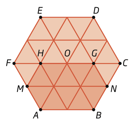 Figura geométrica. Hexágono regular ABCDEF dividido em 4 fileiras de triângulos equiláteros congruentes: primeira fileira com 5 triângulos; segunda fileira com 7 triângulos; terceira fileira com 7 triângulos; quarta fileira com 5 triângulos.  Dentro, hexágono ABNGHM dividido em 2 fileiras de triângulos equiláteros congruentes com 5 triângulos em cada fileira.