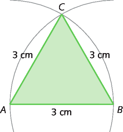 Figura geométrica. Triângulo ABC com lados que medem 3 centímetros. Dois arcos traçados que passam por C e o raio mede 3 centímetros: um com centro em A e outro com centro em B.