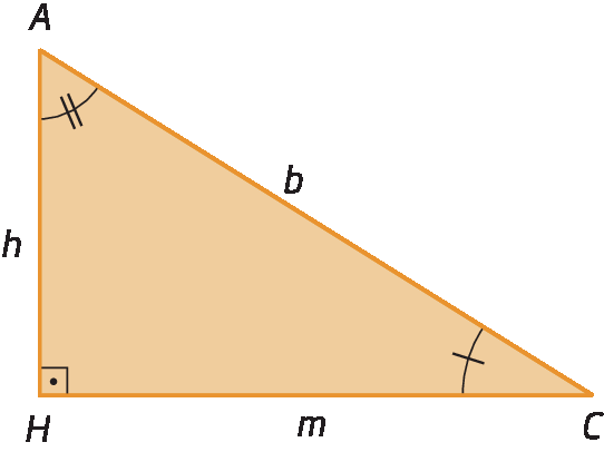 Ilustração. Triângulo retângulo HAC com o ângulo H, de 90 graus indicado. A medida do comprimento do cateto AH está representada por h. A medida do comprimento do cateto HC, está representada por m. A medida do comprimento da hipotenusa AC está representada por b. O ângulo ACH está marcado com um arco e um traço. O ângulo HAC está marcado com um arco e dois traços.