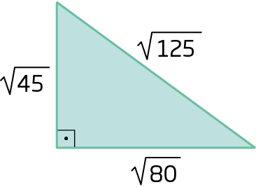 Ilustração. Triângulo retângulo, com a indicação do ângulo reto e lados, raiz quadrada de 45, raiz quadrada de 80 e hipotenusa raiz quadrada de 125.