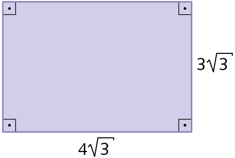 Ilustração. Retângulo de lados 3 raiz quadrada de 3 e 4 raiz quadrada de 3, com os 4 ângulos retos indicados.