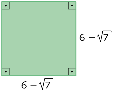 Ilustração. Quadrado de lado 6 menos rais quadrada de 7, com os 4 ângulos retos indicados.