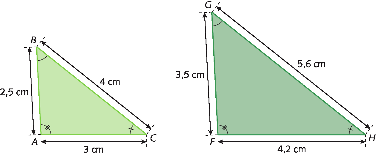 Figuras geométricas. Triângulos com ângulos correspondentes congruentes O triângulo da esquerda tem vértices nos pontos A, B e C. A medida do comprimento do lado AB é 2 vírgula 5 centímetros. A medida do comprimento do lado BC é 4 centímetros. A medida do comprimento do lado AC é 3 centímetros. O triângulo da esquerda tem vértices nos pontos F, G e H. A medida do comprimento do lado FG é 3 vírgula 5 centímetros. A medida do comprimento do lado GH é 5 vírgula 6 centímetros. A medida do comprimento do lado FH é 4 vírgula 2 centímetros.