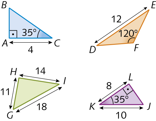 Figura geométrica. Triângulo retângulo BAC, retângulo em A. Medida da abertura do ângulo BCA igual a 35 graus. Medida do comprimento do lado AC igual a 4. Figura geométrica. Triângulo DEF. Medida da abertura do ângulo DFE igual a 120 graus. Medida do comprimento do lado DE igual a 12.  Figura geométrica. Triângulo GHI, Medida do comprimento do lado GH igual a 11. Medida do comprimento do lado HI igual a 14. Medida do comprimento do lado GI igual 18. Figura geométrica. Triângulo retângulo JLK, retângulo em L. Medida da abertura do ângulo JKL igual a 35 graus. Medida do comprimento do lado JK igual a 10.