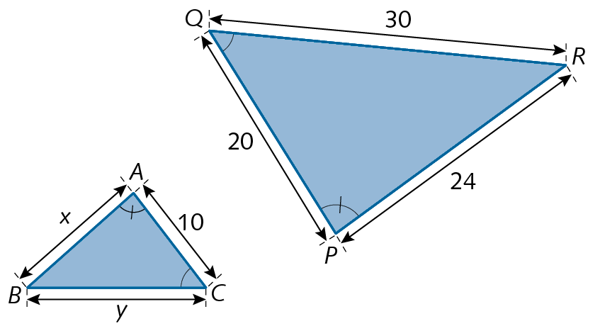 Figuras geométricas. 2 triângulos. O triângulo da esquerda tem vértices nos pontos A, B e C, A medida do comprimento do lado AB é indicada pela letra x.  A medida do comprimento do lado BC é indicada pela letra y. A medida do comprimento do lado AC é 10. O triângulo da direita tem vértices nos pontos P, Q  e R, A medida do comprimento do lado PR é 24.  A medida do comprimento do lado RQ é 30. A medida do comprimento do lado QP é 20.
