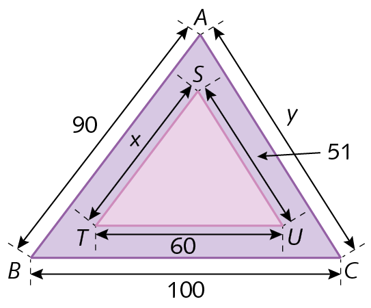 Figura geométrica. triângulo ABC com lado AB medindo 90, lado BC medindo 100 e lado CA medidos y. Interno ao triângulo ABC temos o triângulo STU com lado ST paralelo ao lado AB, lado TU paralelo ao lado BC e lado US paralelo ao lado CA. A medida do lado ST é X, a medida do lado TU é 60 e a medida do lado US é 51