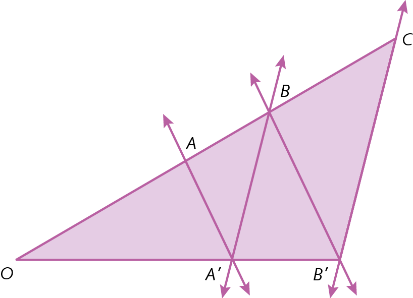 Ilustração. Triângulo OCB'. Com os pontos A e B pertencente ao segmento OC e o ponto A' pertencente ao segmento B'O, de tal forma que o segmento AA' paralelo ao segmento BB', e o segmento BA' paralelo ao segmento CB'.