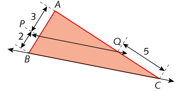 Figura geométrica. Triângulo ABC. Reta  passando por B e C. Reta paralela à reta que passa por B e C e que intercepta o lado AB no ponto P e o lado AC no ponto Q. A medida do comprimento de segmento de reta AP é 3. A medida do comprimento de segmento de reta PB é 2. A medida do comprimento de segmento de reta QC é 5.