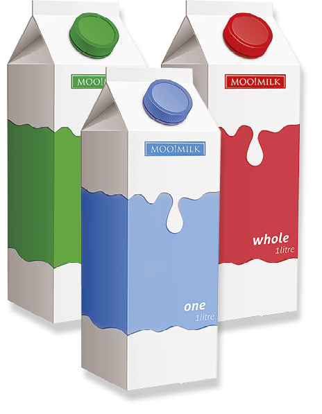 Ilustração. 3 caixas de leite em cores diferentes: azul e branco; verde e branco; vermelho e branco.