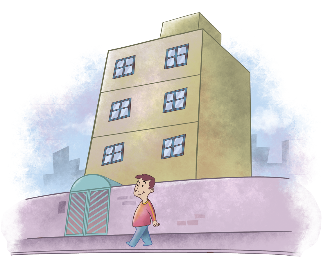 Ilustração. Rapaz de cabelo castanho, camisa vermelha e calça azul. Atrás dele, muro e prédio de três andares.
