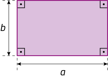Figura geométrica. Retângulo roxo com lados de medidas a e b e 4 ângulos retos indicados.
