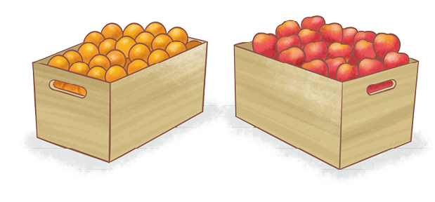 Ilustração. À esquerda, caixa com laranjas. À direita, caixa com maçãs.