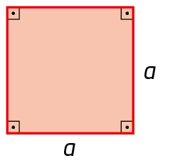 Figura geométrica. Quadrado vermelho com medida a em cada lado e 4 ângulos retos indicados.